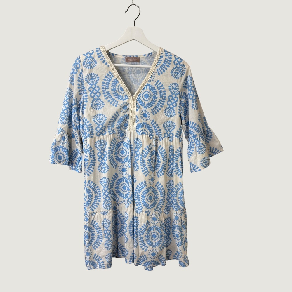 Saiph Lab Italy 100% Cotton Medallion Tiered Dress Blue White Small Boho Coastal
